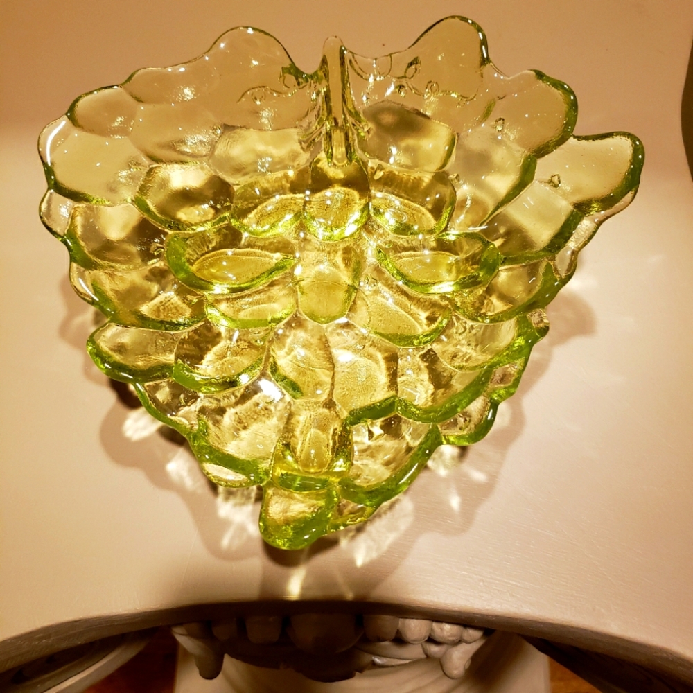 Rare grapes glass dish in a bright green color.